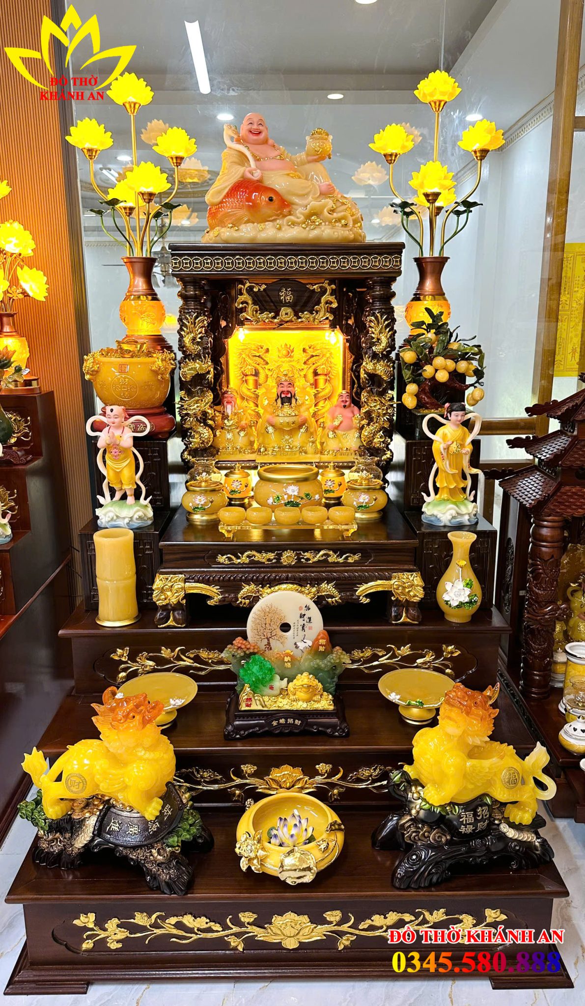 Bộ Bàn Thờ Thần Tài 3 Tầng Cột Rồng Dát Vàng Cao Cấp bàn thờ thần tài 3 tầng cột rồng