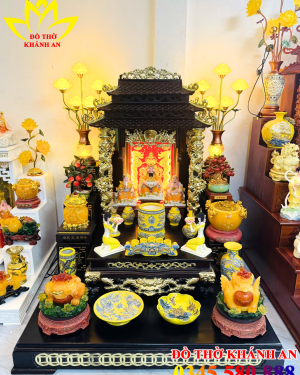 Bộ Bàn Thờ Ông Địa Mệnh Thổ Gỗ Gụ Dâu Mái Chùa Rồng Nổi Dát Vàng Cao Cấp