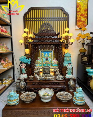 Bộ Bàn Thờ Thần Tài Mệnh Thủy Cao Cấp Gỗ Gụ Dâu Mái Chùa