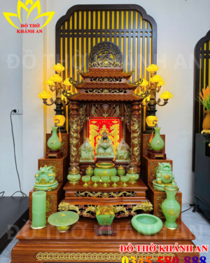 Bàn Thờ Thần Tài Ngọc Xanh Mái Chùa Dát Vàng Cao Cấp – Full Bộ Đá Thạch Anh