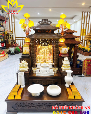 Bàn Thờ Ông Địa Mệnh Kim 89x89 Gỗ Sồi Mái Chùa, Tông Trắng Vàng