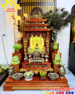 Bàn Thờ Thần Tài Gỗ Hương Đá Mệnh Mộc Mái Chùa Dát Vàng