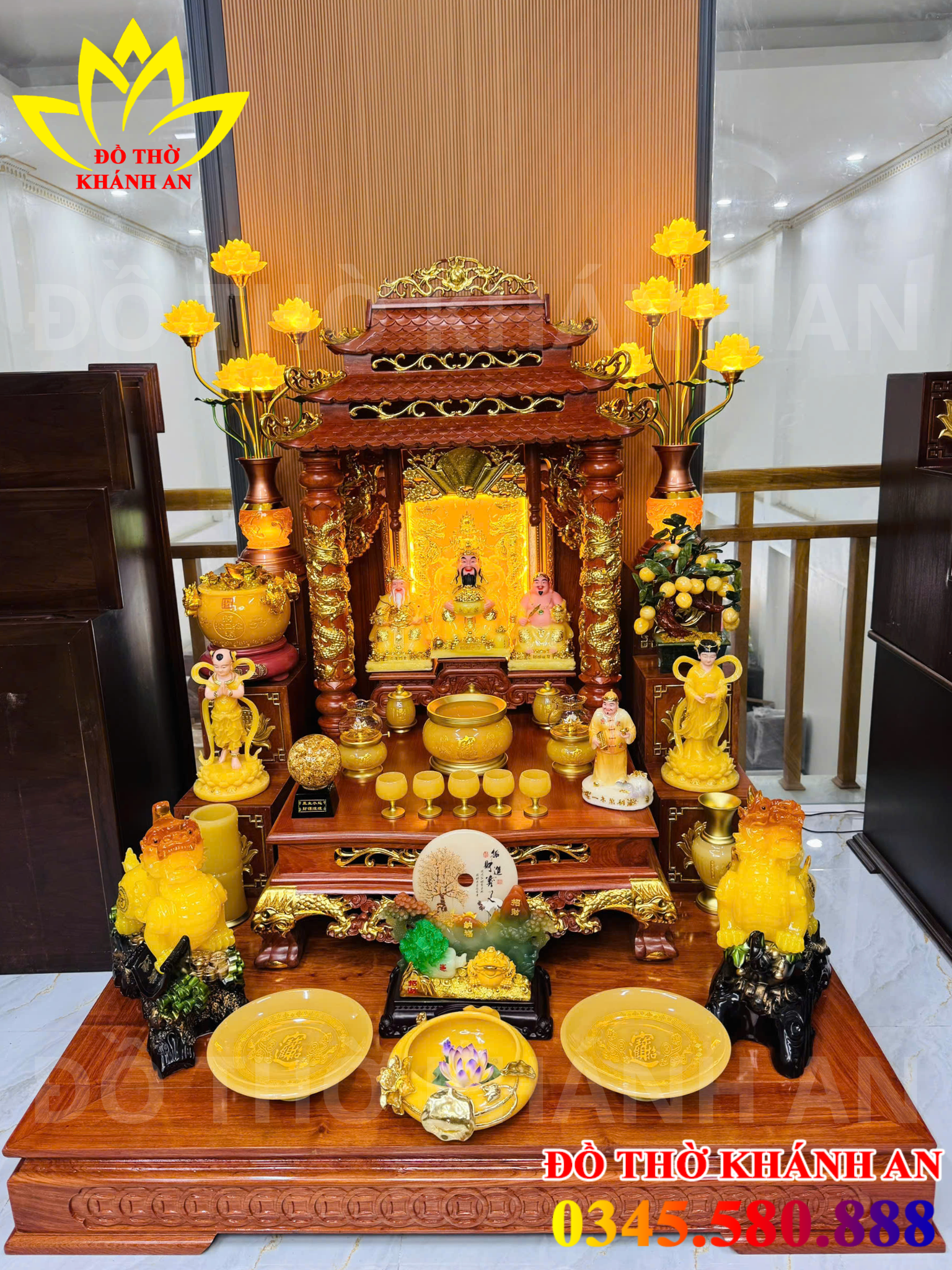 Bàn Thờ Thần Tài Gỗ Hương Đá Dát Vàng Tượng Đá Thạch Anh Bàn thờ thần tài mái chùa dát vàng