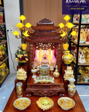 Bàn Thờ Thần Tài Mái Chùa Gỗ Lát Sapeli – Tone Vàng, Chuẩn Phong Thủy Mệnh Kim & Thổ