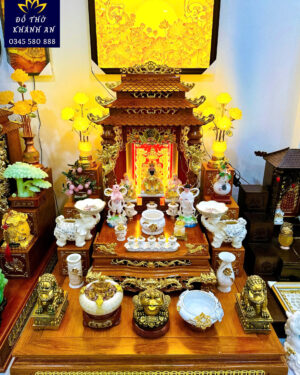 Bàn Thờ Thần Tài Gỗ Hương Đá Chạm Cột Mệnh Kim – Trắng Vàng Cao Cấp