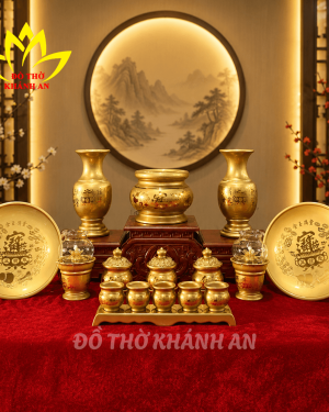 bộ đồ thờ sứ giả đồng men ánh kim