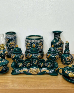 Bộ Đồ Thờ Men Màu Đắp Nổi Gốm Sứ Bát Tràng