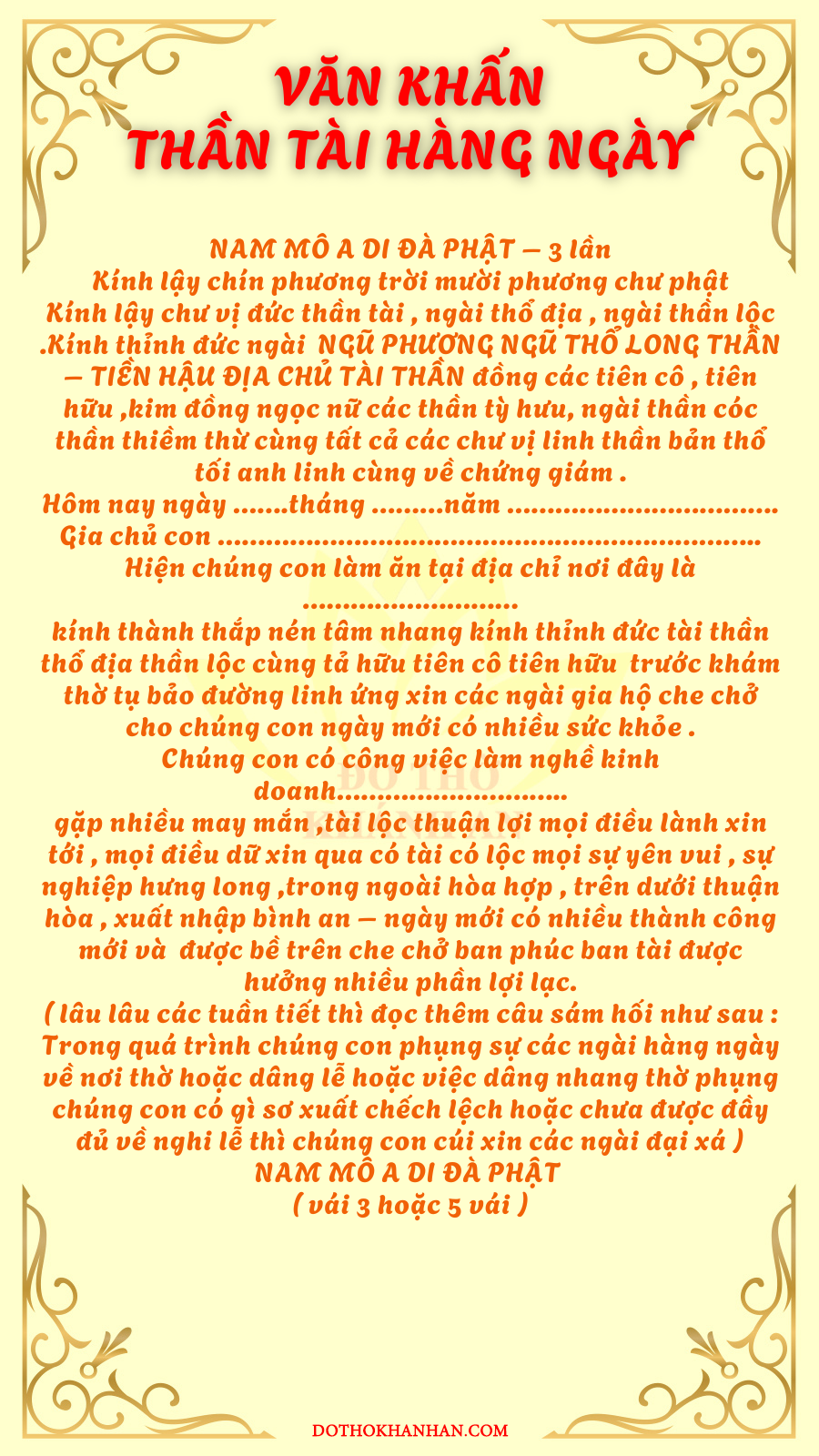 Văn khấn Thần Tài hàng ngày