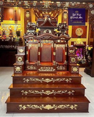 Ban thờ thần tài 3 gian gỗ hương đá dát vàng cao cấp