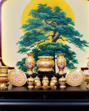 Bộ Đồ Thờ Hợp Kim Gấm Vàng Hoa Sen