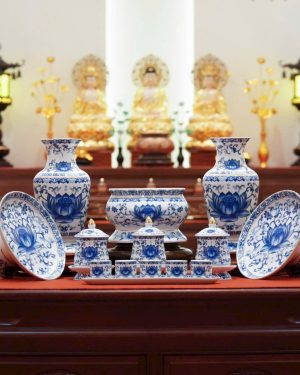 Bộ Đồ Thờ Sứ Sen Nổi Trắng Xanh