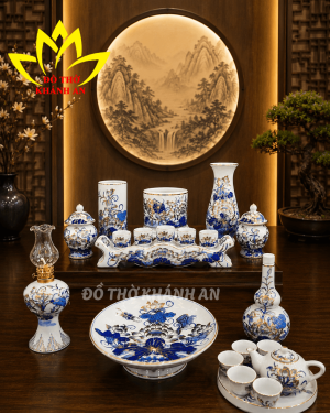 bộ đồ thờ men lam vẽ vàng