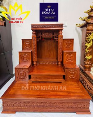ban thờ thần tài mái bằng cột xu gỗ hương đá
