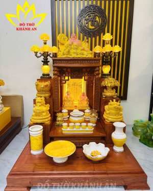 Trọn Bộ Bàn Thờ Thần Tài Cột Xu Mái Bằng Gỗ Hương Đá