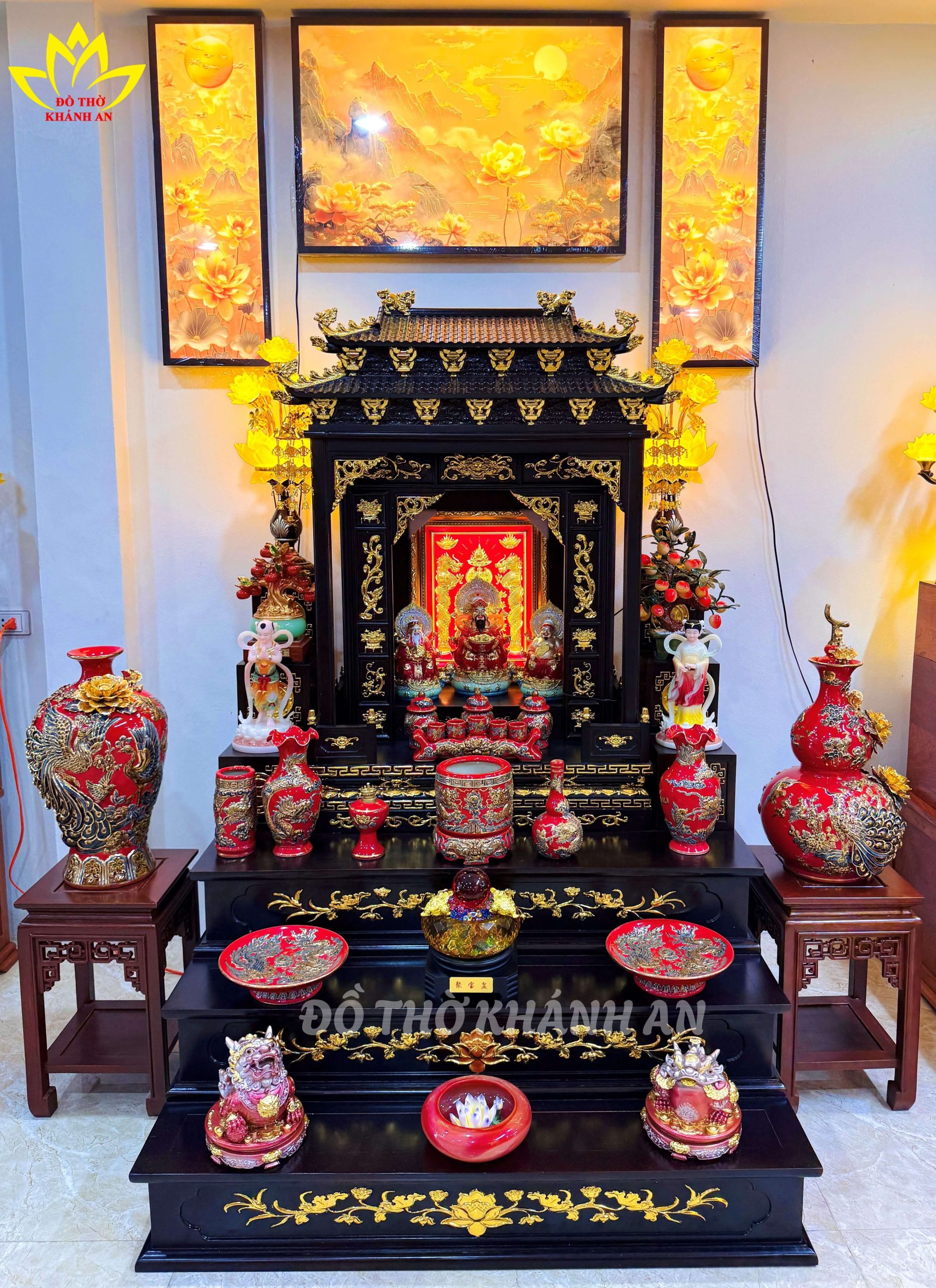 COMBO BÀN THỜ THẦN TÀI MÁI NHẬT GỖ HƯƠNG ĐÁ DÁT VÀNG CAO CẤP Combo Bàn Thờ Thần Tài Mái Nhật Gỗ Hương Đá Dát Vàng Cao Cấp